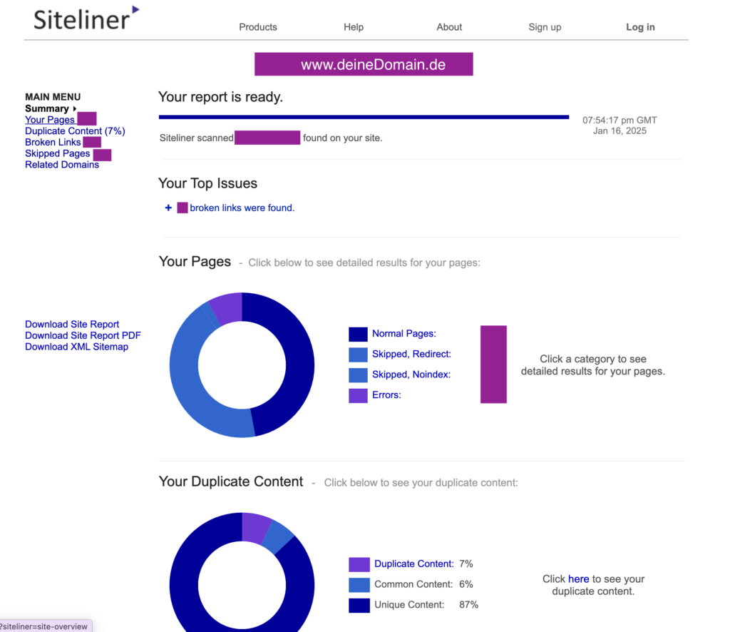 Duplicate content finden mit Siteliner